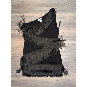 Cache Black‎ One Shoulder Tiered Fringe Knit Party Dress Large L RN 74578